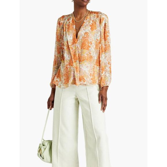 Vince 100% Silk Floral Blouse XXS Orange Pink Abstract Print Boho Feminine Top - Picture 1 of 6